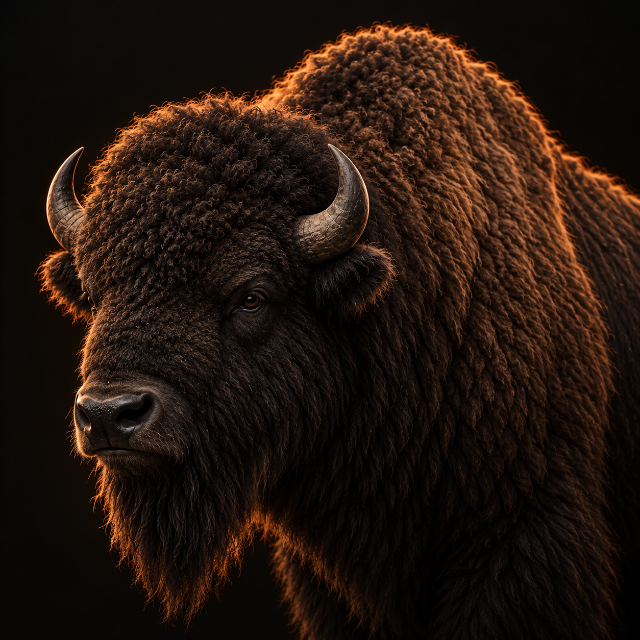 An original American bison with a low-carried head, high shoulder hump, hanging beard and copper rim light.